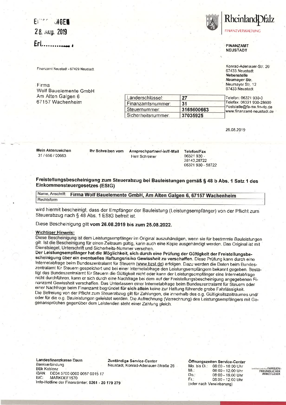 Vorschaubild von Dokument: Freistellungsbescheinigung Finanzamt bis 2022