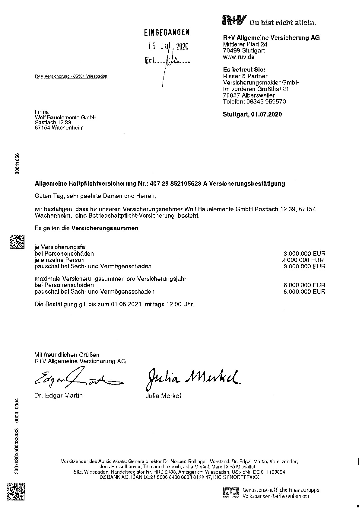 Vorschaubild von Dokument: Haftpflichtversicherung bis Mai 2021